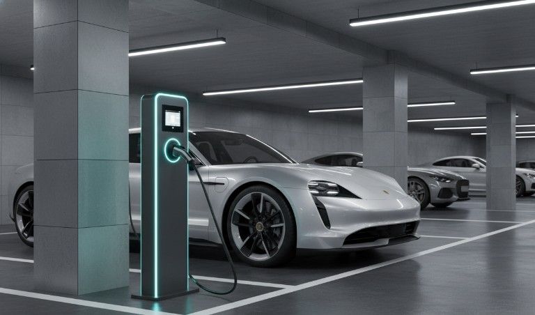 Hvid elbil parkeret og tilsluttet en moderne ladestander i et parkeringshus.