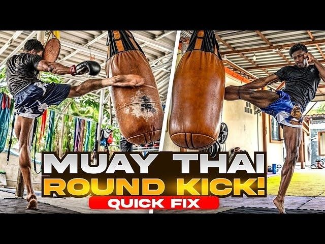 Muay Thai-udøver træner rundspark mod en tung sandsæk
